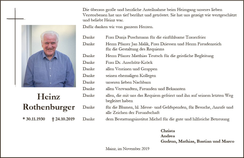  Traueranzeige für Heinz Rothenburger vom 16.11.2019 aus vrm-trauer