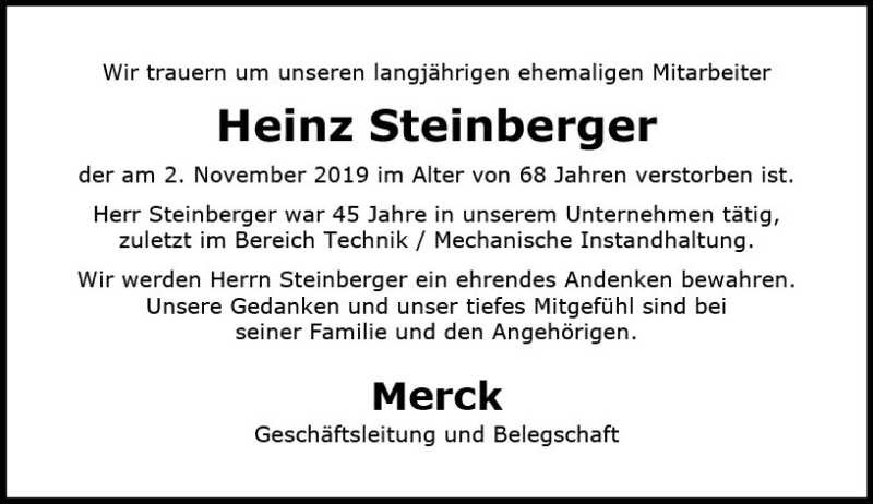  Traueranzeige für Heinz Steinberger vom 14.11.2019 aus vrm-trauer
