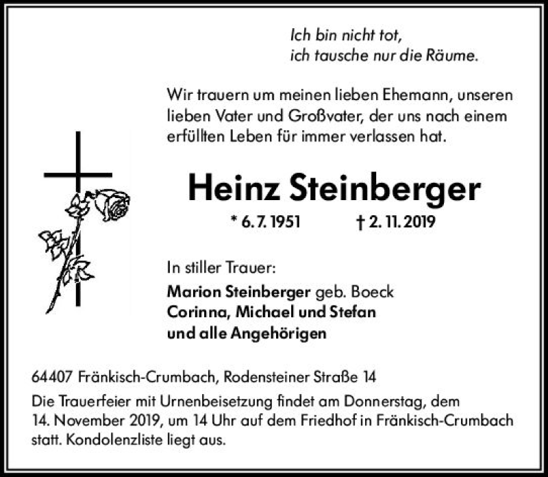 Traueranzeige für Heinz Steinberger vom 12.11.2019 aus vrm-trauer