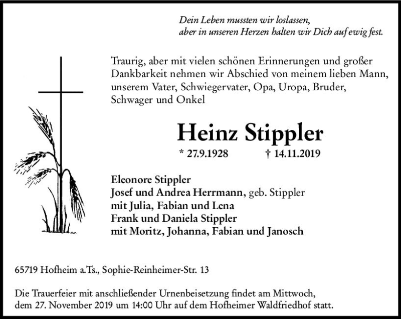  Traueranzeige für Heinz Stippler vom 22.11.2019 aus vrm-trauer