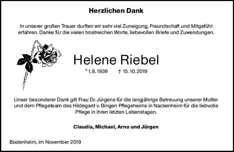  Traueranzeige für Helene Riebel vom 15.11.2019 aus vrm-trauer