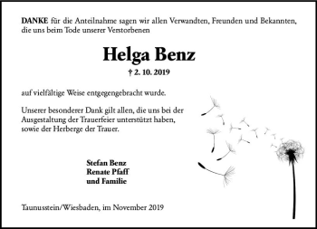 Traueranzeige von Helga Benz von vrm-trauer