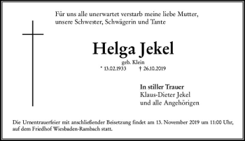 Traueranzeige von Helga Jekel von vrm-trauer