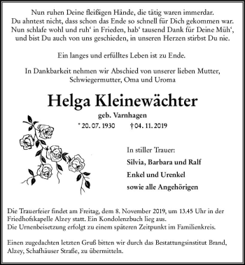 Traueranzeige von Helga Kleinewächter von vrm-trauer