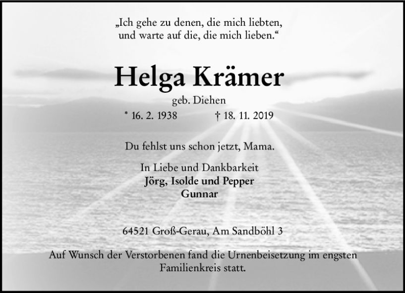  Traueranzeige für Helga Krämer vom 30.11.2019 aus vrm-trauer