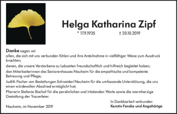 Traueranzeige von Helga Katharina Zipf von vrm-trauer