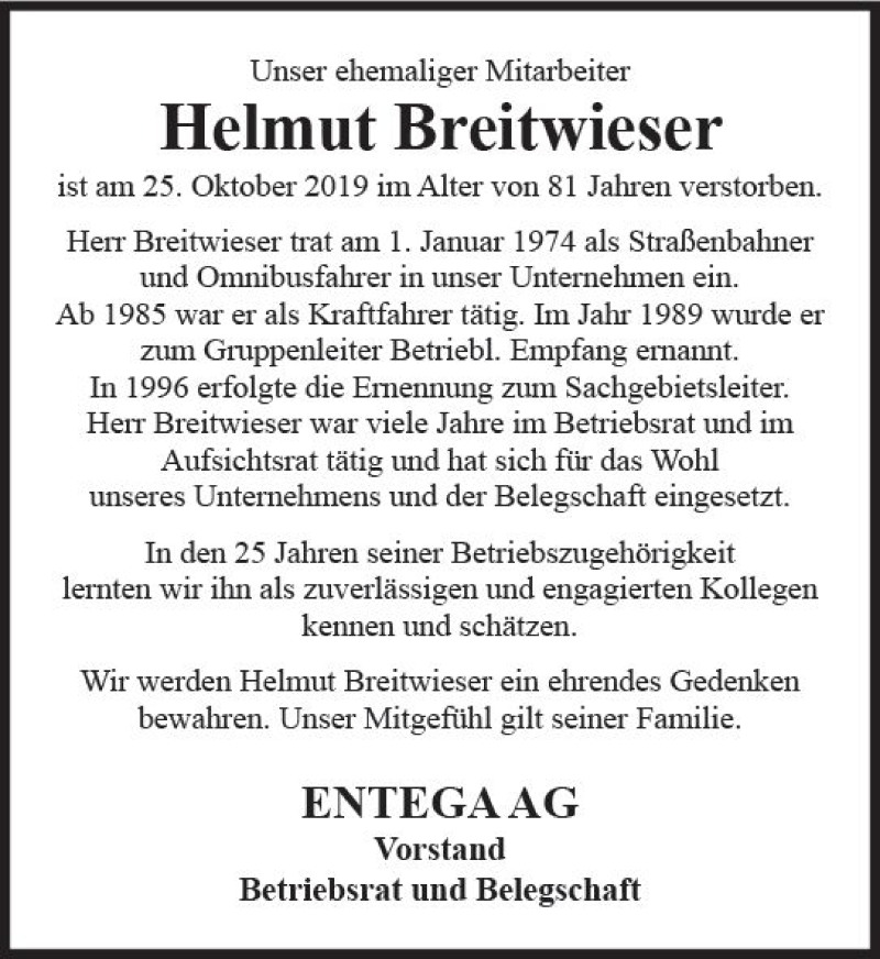  Traueranzeige für Helmut Breitwieser vom 02.11.2019 aus vrm-trauer