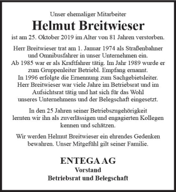 Traueranzeige von Helmut Breitwieser von vrm-trauer