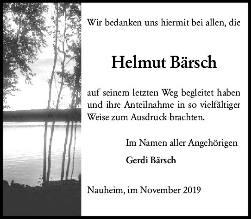  Traueranzeige für Helmut Bärsch vom 02.11.2019 aus vrm-trauer
