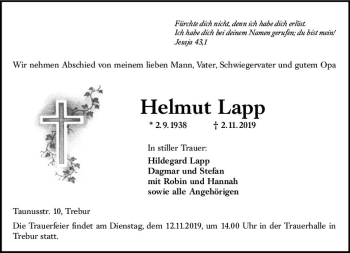 Traueranzeige von Helmut Lapp von vrm-trauer