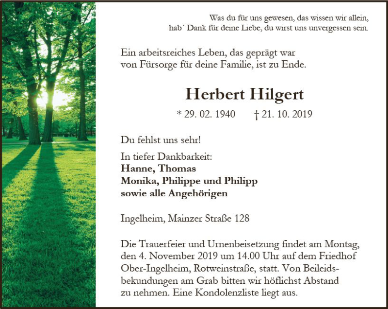  Traueranzeige für Herbert Hilgert vom 02.11.2019 aus vrm-trauer