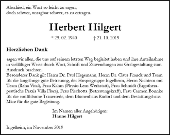 Traueranzeige von Herbert Hilgert von vrm-trauer