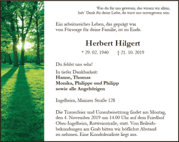 Traueranzeige von Herbert Hilgert von vrm-trauer