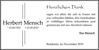 Traueranzeige von Herbert Mensch von vrm-trauer