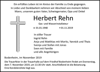 Traueranzeige von Herbert Rehn von vrm-trauer