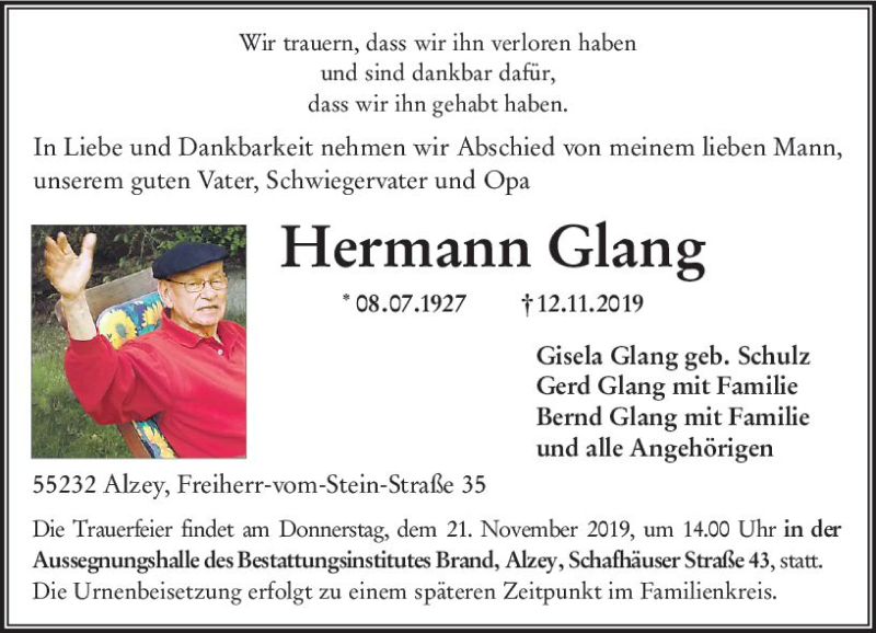  Traueranzeige für Hermann Glang vom 16.11.2019 aus vrm-trauer