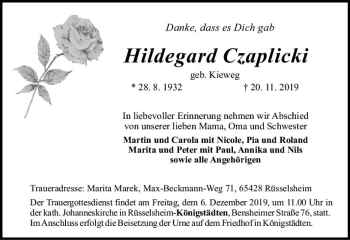Traueranzeige von Hildegard Czaplicki von vrm-trauer