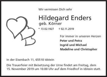Traueranzeige von Hildegard Enders von vrm-trauer