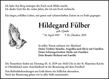 Traueranzeige von Hildegard Fülber von vrm-trauer
