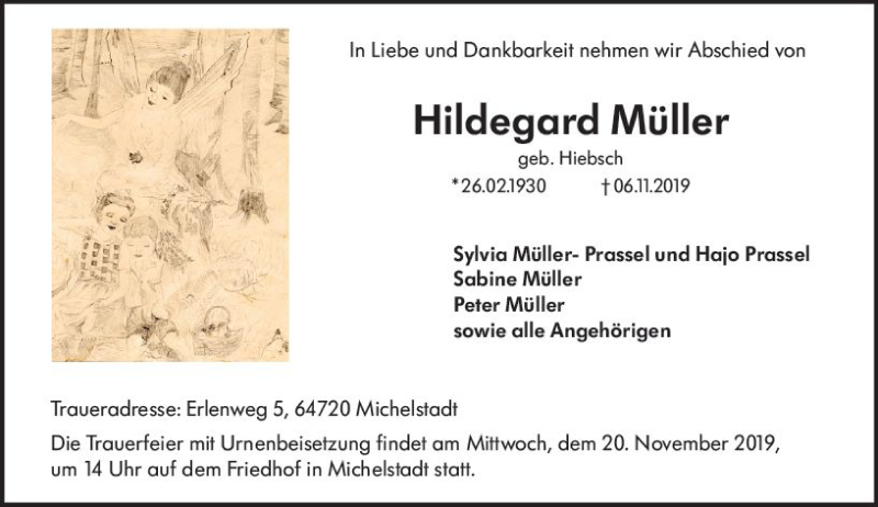  Traueranzeige für Hildegard Müller vom 16.11.2019 aus vrm-trauer