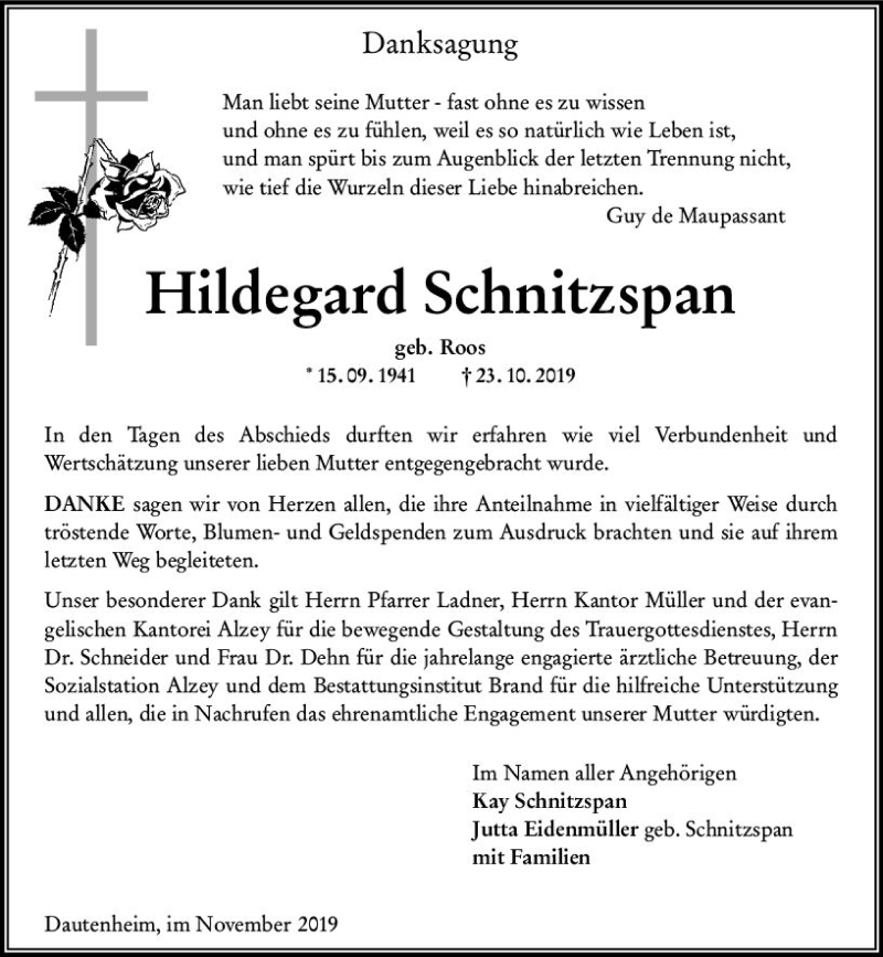  Traueranzeige für Hildegard Schnitzspan vom 30.11.2019 aus vrm-trauer