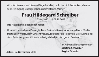 Traueranzeige von Hildegard Schreiber von vrm-trauer