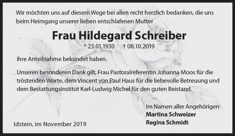  Traueranzeige für Hildegard Schreiber vom 09.11.2019 aus vrm-trauer