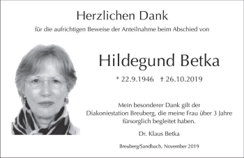 Traueranzeige von Hildegund Betka von vrm-trauer
