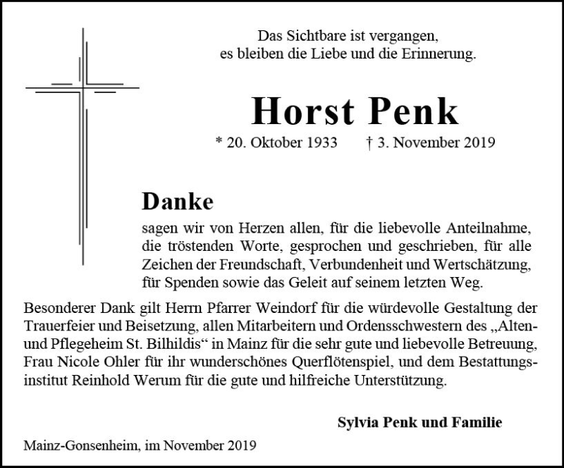  Traueranzeige für Horst Penk vom 23.11.2019 aus vrm-trauer