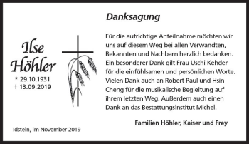 Traueranzeige von Ilse Höhler von vrm-trauer