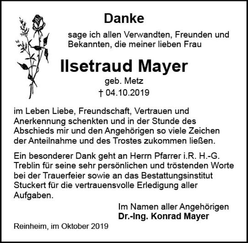  Traueranzeige für Ilsetraud Mayer vom 02.11.2019 aus vrm-trauer