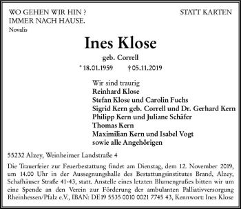 Traueranzeige von Ines Klose von vrm-trauer