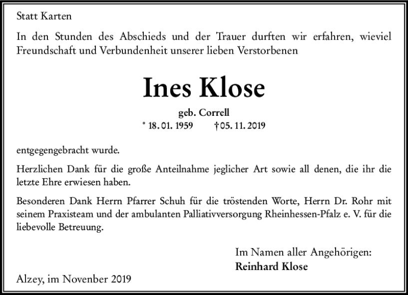  Traueranzeige für Ines Klose vom 30.11.2019 aus vrm-trauer