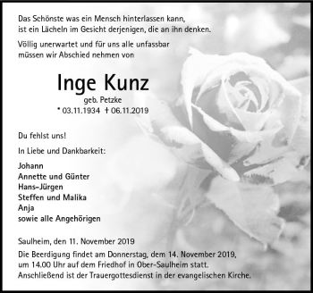 Traueranzeige von Inge Kunz von vrm-trauer