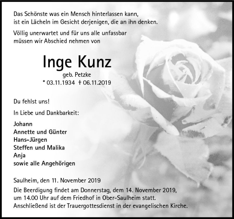  Traueranzeige für Inge Kunz vom 11.11.2019 aus vrm-trauer