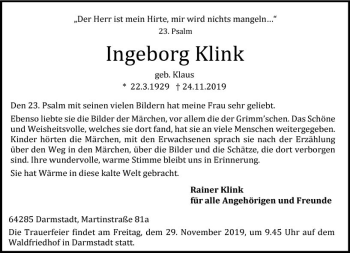 Traueranzeige von Ingeborg Klink von vrm-trauer