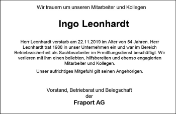 Traueranzeige von Ingo Leonhardt von vrm-trauer