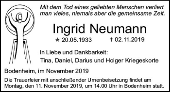 Traueranzeige von Ingrid Neumann von vrm-trauer