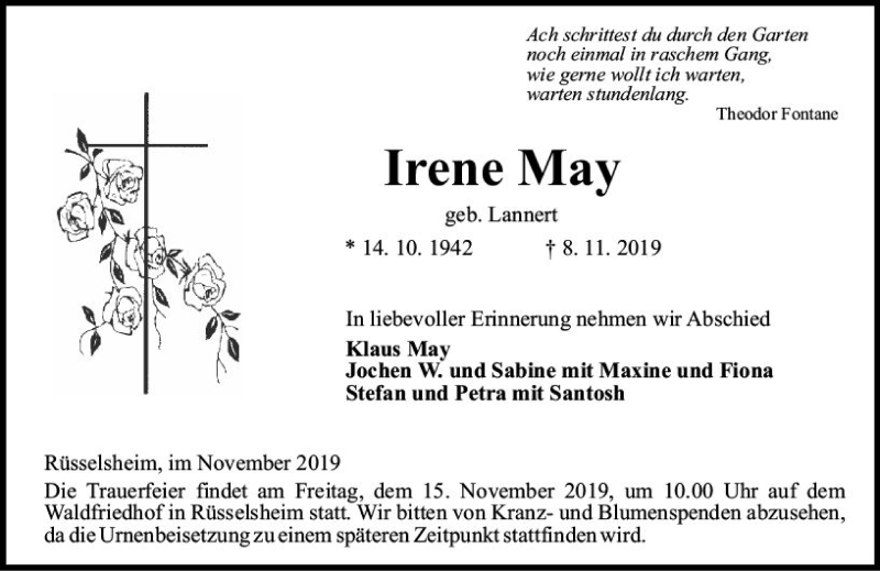  Traueranzeige für Irene May vom 12.11.2019 aus vrm-trauer