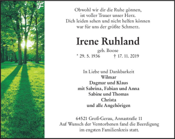 Traueranzeige von Irene Ruhland von vrm-trauer