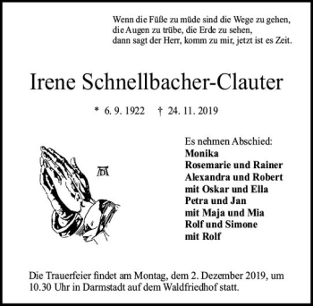 Traueranzeige von Irene Schnellbacher-Clauter von vrm-trauer