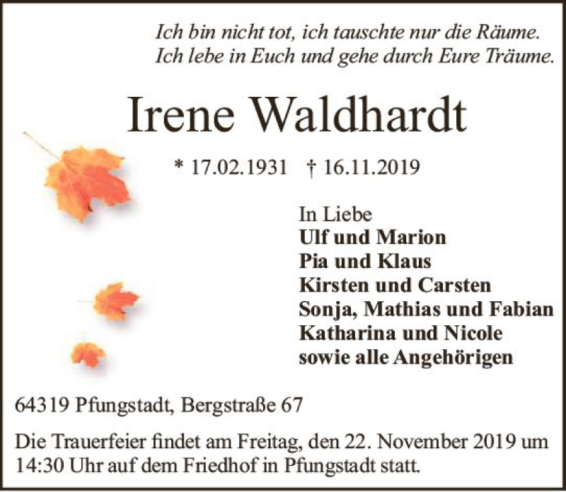  Traueranzeige für Irene Waldhardt vom 20.11.2019 aus vrm-trauer