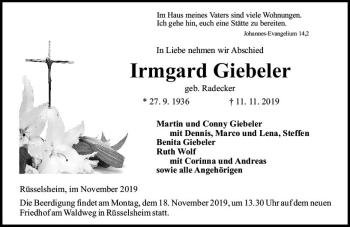 Traueranzeige von Irmgard Giebeler von vrm-trauer