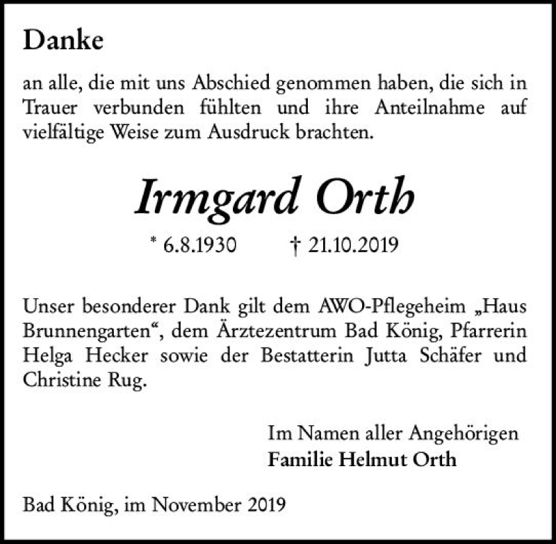  Traueranzeige für Irmgard Orth vom 16.11.2019 aus vrm-trauer