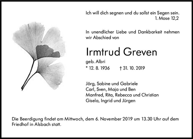  Traueranzeige für Irmtrud Greven vom 02.11.2019 aus vrm-trauer