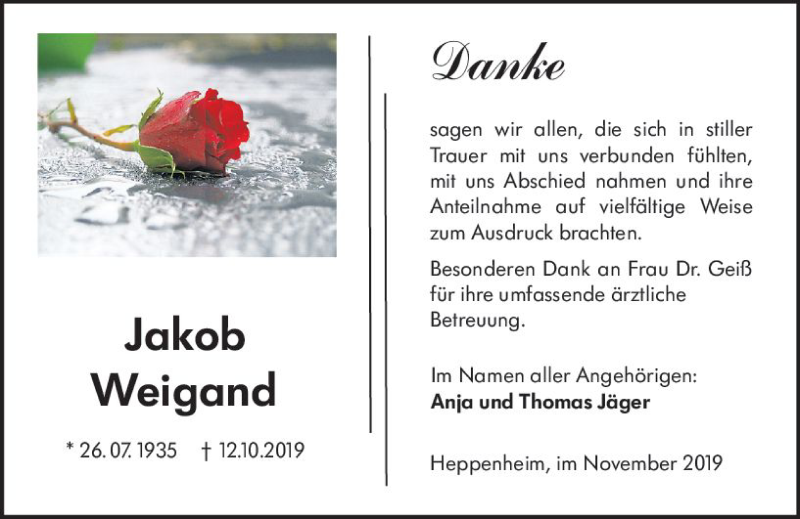 Traueranzeige für Jakob Weigand vom 16.11.2019 aus vrm-trauer