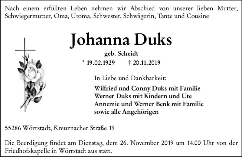  Traueranzeige für Johanna Duks vom 23.11.2019 aus vrm-trauer