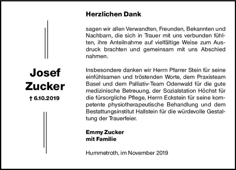  Traueranzeige für Josef Zucker vom 02.11.2019 aus vrm-trauer
