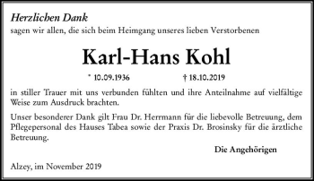 Traueranzeige von Karl-Hans Kohl von vrm-trauer