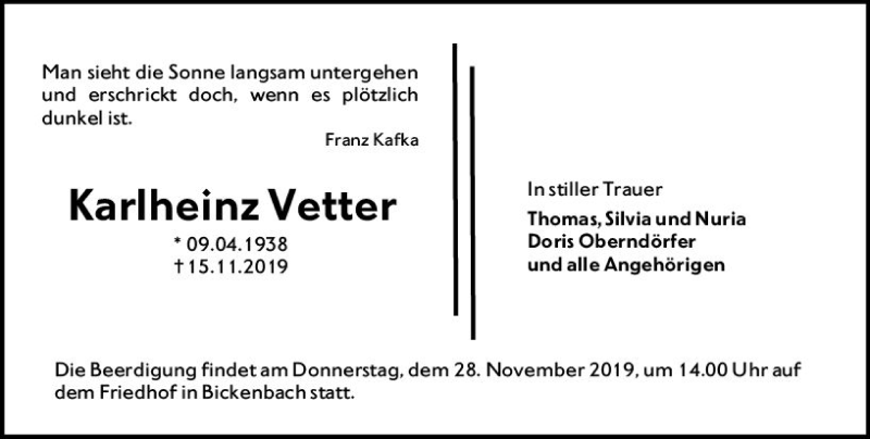  Traueranzeige für Karlheinz Vetter vom 23.11.2019 aus vrm-trauer